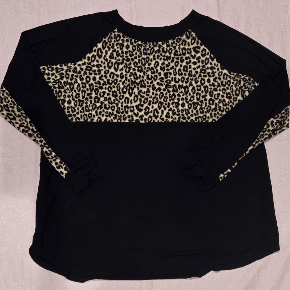 Celeste Black Long Sleeve Top with Leopard Panel